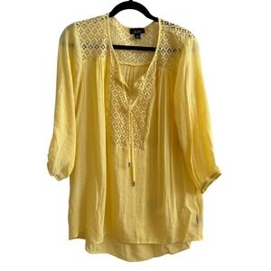 ALYX Blouse Womens 1X Yellow Lace Yoke Split Neck Tie High Low Top
